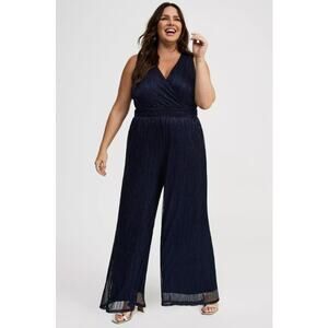 Torrid NWT Size 1X Metallic Navy Glitter Knit Surplice Wide Leg Jumpsuit
